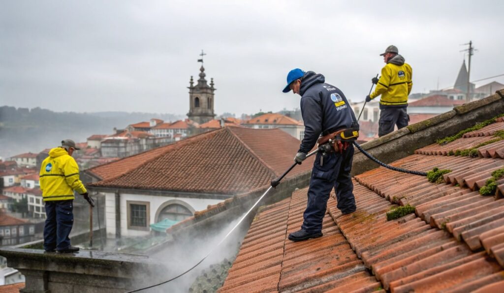 Profissional aplicando tratamento impermeabilizante durante serviço de reparação de telhados, garantindo proteção eficaz contra infiltrações nas residências do Porto.