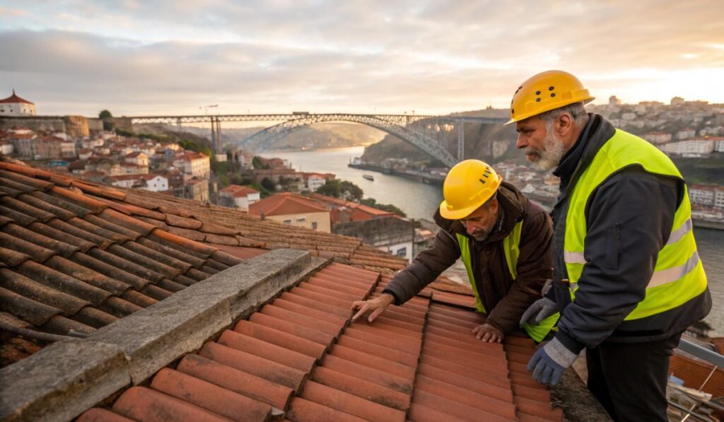 Dois técnicos do Grupo BDP com equipamento completo de segurança executando trabalhos de reparação em telhado na Foz do Douro