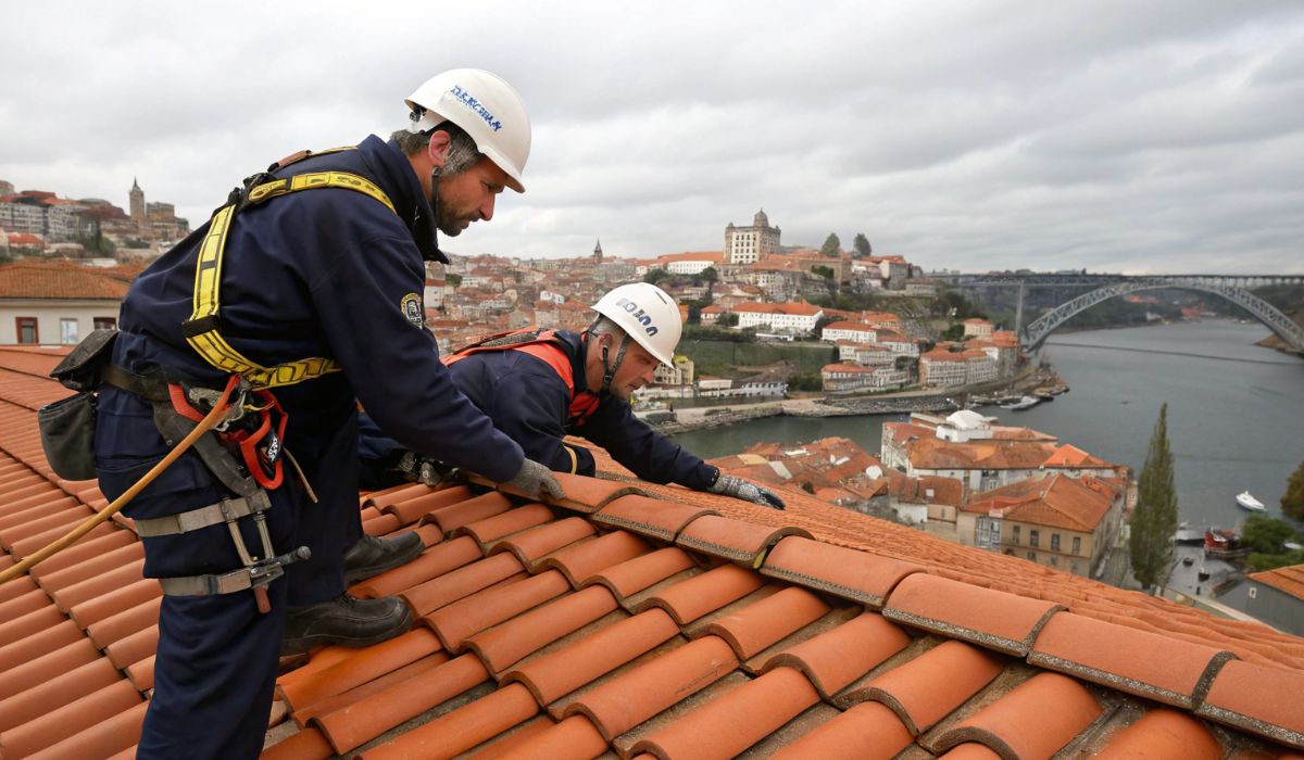 Equipa de profissionais qualificados do Grupo BDP realizando trabalhos de reparação num telhado tradicional de telhas cerâmicas, com vista panorâmica para o centro histórico do Porto e o rio Douro ao fundo.