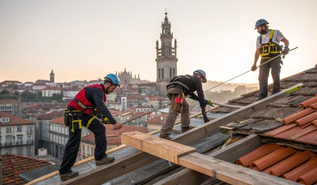 Equipe especializada em reparação de telhados substituindo vigas de madeira em edifício tradicional do Porto