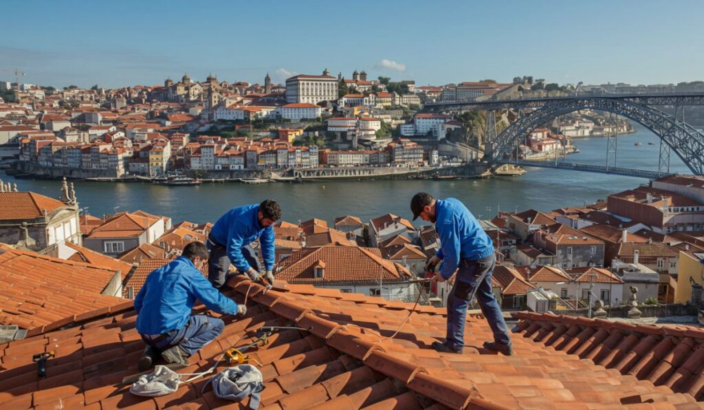 Técnicos em reparação de telhados tradicional no Porto com vista panorâmica da cidade"