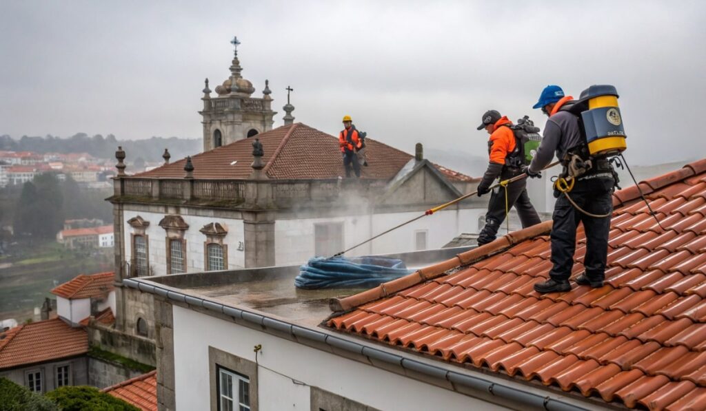 Equipa especializada realizando reparação de telhados numa casa tradicional do Porto, substituindo telhas de terracota danificadas e prevenindo infiltrações futuras.