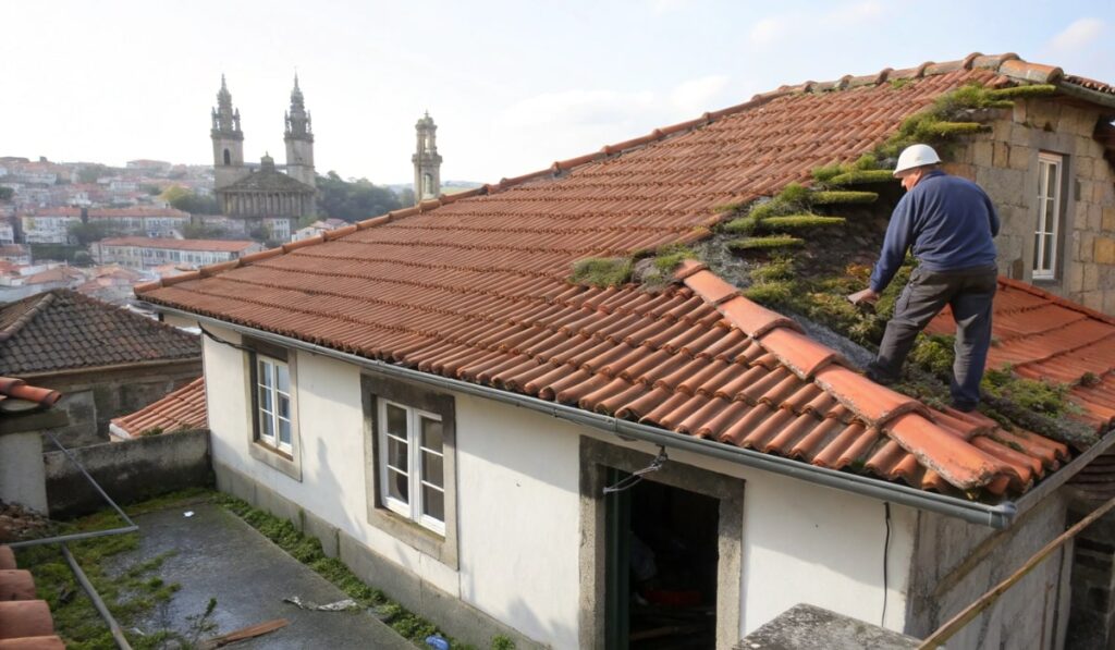 Telhado de residência no Porto com telhas quebradas e desalinhadas indicando necessidade imediata de reparação de telhados por profissionais qualificados.
