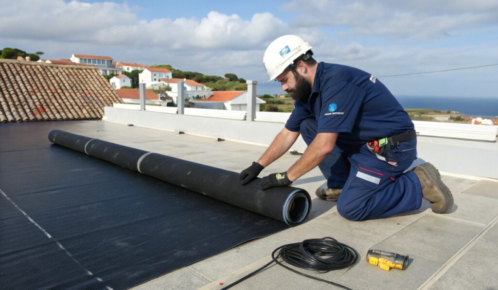 Técnico aplicando sistema avançado de impermeabilização durante serviço de reparação de telhados na zona costeira do Porto