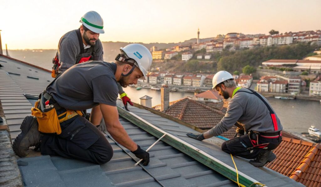 Equipa de três técnicos especializados do Grupo BDP trabalhando em conjunto na reparação estrutural, impermeabilização e alinhamento de telhas com equipamentos de segurança completos, tendo como cenário a zona ribeirinha do Porto.