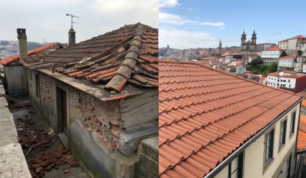 Comparativo mostrando à esquerda um telhado deteriorado com telhas quebradas e desalinhadas, e à direita o mesmo telhado após reparação profissional pelo Grupo BDP, apresentando acabamento perfeito com a cidade do Porto visível ao fundo.