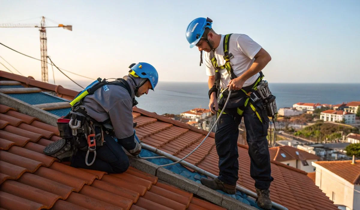 Técnico especializado do Grupo BDP com equipamento de segurança realizando reparação em telhado tradicional de telha cerâmica no centro histórico do Porto, com a Torre dos Clérigos ao fundo
